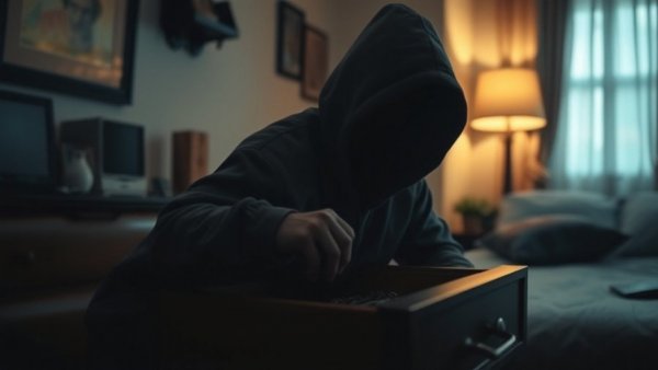 Thief in dark hoodie stealing in dimly lit room, burglary habitation.