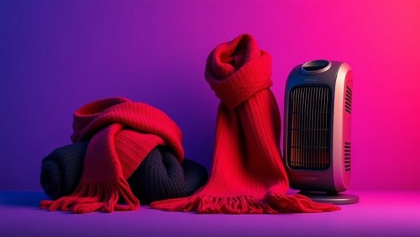 Cozy winter gifts featuring a sweater, scarf, and heater on a colorful background.