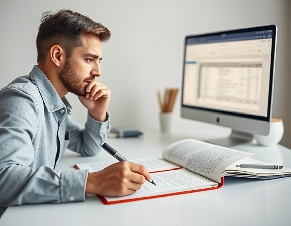 content specialist, thoughtful, outlining strategies, photorealistic, minimalist workspace with clean lines, highly detailed, open notepads and digital screens, macro shot, neutral palette, soft ambient light, shot with a 100mm lens.
