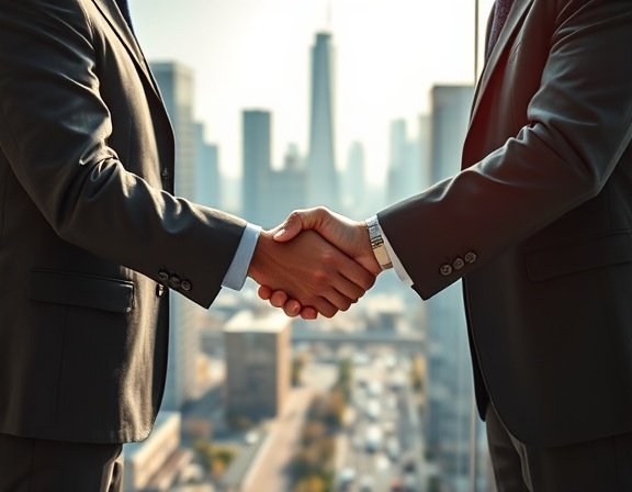 steadfast commitment loyalty, firm expression, shaking hands in agreement, photorealistic, standing in a corporate office with cityscape view, highly detailed, bustling city traffic below, HDR, cool tones, afternoon sunlight filtering through, shot with a 35mm lens.