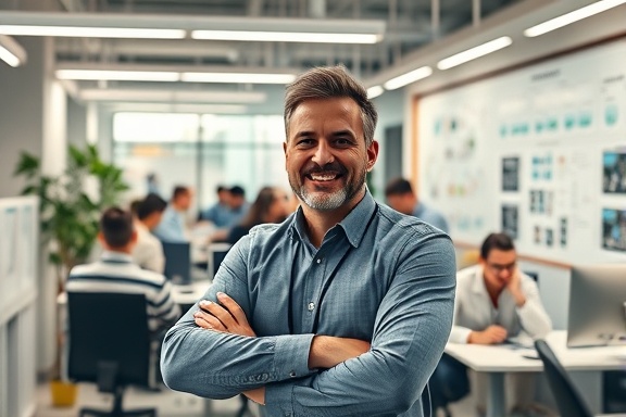 marketing expert, enthusiastic, organizing campaigns, photorealistic, lively open-plan office with busy employees, highly detailed, flowcharts and mind maps, dynamic composition, bright hues, fluorescent lighting, shot with a 35mm lens.