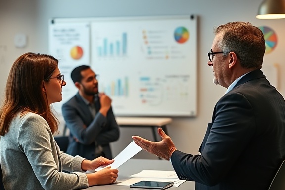 visionary brand strategy, thoughtful expression, strategizing, photorealistic, office with white boards and charts, highly detailed, focused dialogue, ultra-high resolution, vibrant colors, soft ambient lighting, shot with a 50mm lens.