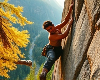passionate commitment dedication, determined expression, scaling a challenging rock face, photorealistic, surrounded by a lush forest valley, highly detailed, gusts of wind rustling leaves, f/2.2 aperture, vivid earth tones, golden hour lighting, shot with a 24mm lens.