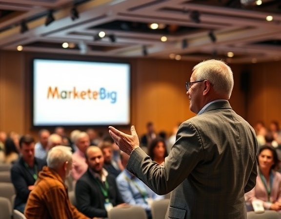 engaging brand marketing, enthusiastic expression, presenting, photorealistic, conference room with diverse audience, highly detailed, interactive presentation, vivid sharpness, warm tones, spotlight lighting, shot with a 70-200mm lens.