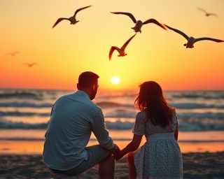 unwavering commitment devotion, serene expression, holding hands at sunset, photorealistic, sitting on a beach with ocean waves in the distance, highly detailed, seagulls flying overhead, wide dynamic range, pastel beach colors, sunset lighting, shot with an 85mm lens.