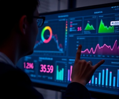 strategic brand awareness, focused expression, analyzing, photorealistic, analytics dashboard on screen, highly detailed, real-time data visualization, deep contrast, cool colors, LED lighting, shot with a 24mm lens.