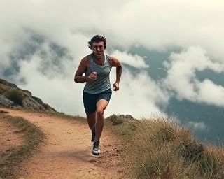 relentless commitment persistence, intense expression, running on a dirt trail, photorealistic, along a mountain ridge with clouds gathering, highly detailed, dirt and dust kicked up, f/3.5 aperture, muted natural colors, overcast lighting, shot with a 50mm lens.