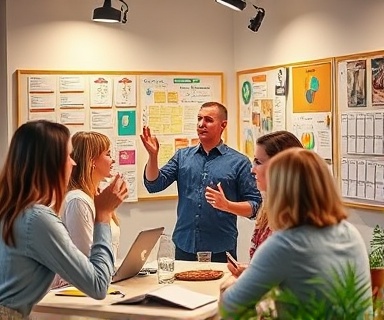 dynamic brand awareness campaign, energetic expression, brainstorming, photorealistic, creative workspace with mood boards, highly detailed, collaborative teamwork, fine detail, pastel colors, diffused lighting, shot with a 35mm lens.