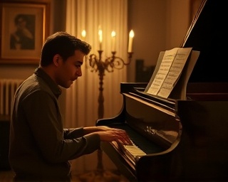intensive commitment dedication, focused expression, practicing piano in a dimly lit room, photorealistic, surrounded by sheet music and a classic grand piano, highly detailed, notes and melodies lingering in the air, wide color gamut, sepia tones, tungsten lighting, shot with a 50mm lens.