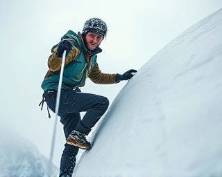 robust commitment persistence, confident expression, climbing a snowy peak, photorealistic, amidst a dramatic alpine winter scene, highly detailed, cascading snowflakes, f/4 aperture, stark whites with icy blues, diffused lighting from a cloudy sky, shot with a 50mm lens.