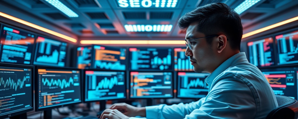 SEO analyst, meticulous, optimizing content, photorealistic, futuristic control room with multiple monitors, highly detailed, data charts and coding scripts, panoramic view, cool colors, overhead LED lighting, shot with a 14mm lens.