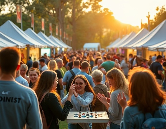 interactive engagement activities, joyful, participating eagerly, photorealistic, in a spacious outdoor festival with booths and performance stages, highly detailed, crowd engaging in creative games, shallow depth of field, vivid, golden hour lighting, shot with a 50mm lens.