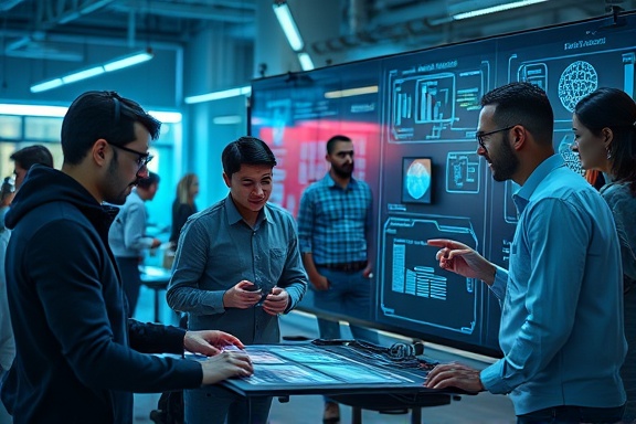 collaborative engagement interaction, focused, exchanging ideas energetically, photorealistic, within a modern tech startup office with futuristic gadgets, highly detailed, team members gathered around digital boards, HDR, cool tones, artificial LED lighting, shot with a macro lens.