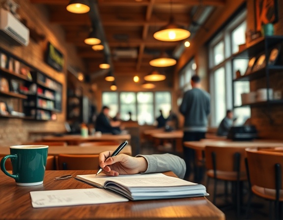 creative SEO content, thoughtful expression, creating, photorealistic, bustling coffee shop with wooden interiors, highly detailed, notes and draft copies, crisp clarity, warm tones, soft ambient lighting, shot with a 24mm lens.