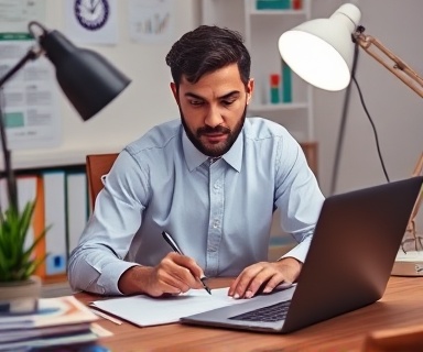precise SEO audit, analytical expression, examining, photorealistic, quiet office corner filled with binders and a laptop, highly detailed, audit reports and notes, superb resolution, neutral colors, soft desk lamp lighting, shot with an 85mm lens.