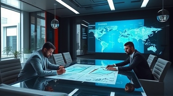 strategic engagement strategy, innovative, planning methodically, photorealistic, inside a contemporary boardroom with a digital glass wall projection, highly detailed, executives sketching strategies on a smart table, cinematic, muted colors, LED overhead lights, shot with a telephoto lens.