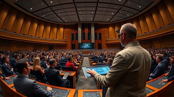 effective audience engagement, immersive, captivating attention thoroughly, photorealistic, set in a prestigious lecture hall with interactive digital surfaces, highly detailed, speaker using augmented reality gadgets, sharp focus, balanced tones, soft ambient lighting, shot with a fisheye lens.