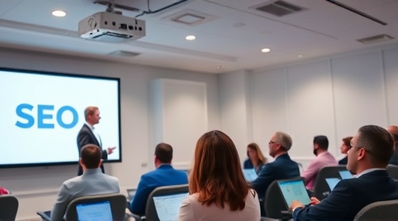 advanced SEO analysis, curious expression, presenting, photorealistic, sleek conference room with projector and whiteboard, highly detailed, audience engaged with laptops, rich detail, pastel colors, overhead spotlight lighting, shot with a 50mm lens.