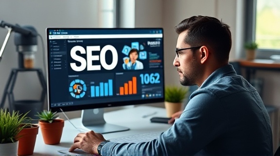 intuitive SEO optimization, focused expression, strategizing, photorealistic, minimalist workspace with potted plants, highly detailed, various SEO software on screen, enhanced depth, earthy colors, soft ambient lighting, shot with a macro lens.