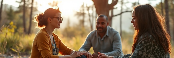 holistic digital strategy planning, contemplative, visualizing, photorealistic, at an outdoor retreat with nature-inspired setup, highly detailed, nature and tech synergy, 5K resolution, earthy tones, natural sunlight, shot with a 35mm lens.