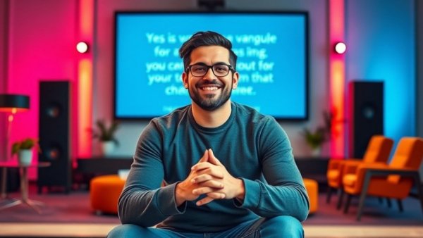 Confident speaker on stage discussing 'What Makes Art Beautiful in the AI Era.'