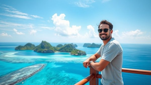 Traveler using Holafly eSIMs posing with tropical islands view.