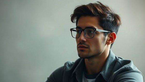 Young man looking contemplative with glasses in a casual setting.