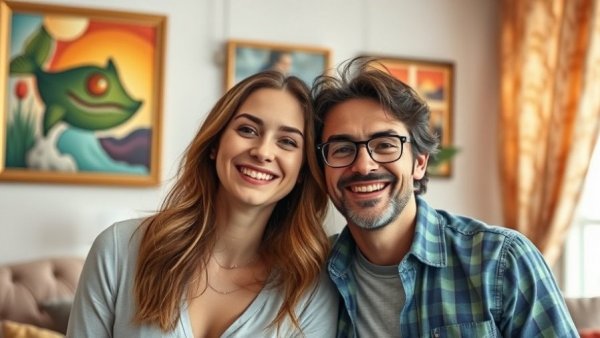 Vibrant and warm indoor scene with two people smiling.
