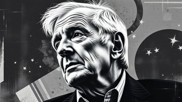 Artistic collage of thoughtful older man with abstract background.