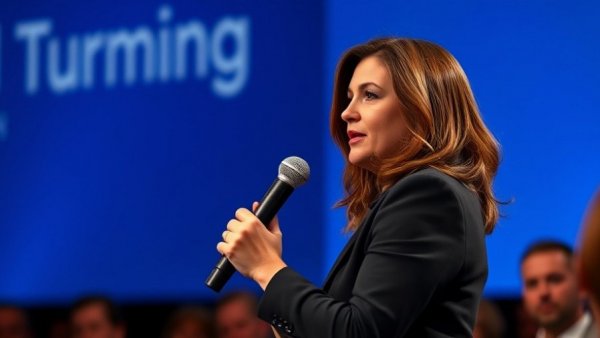 Confident woman discussing AI safety legislation on stage.