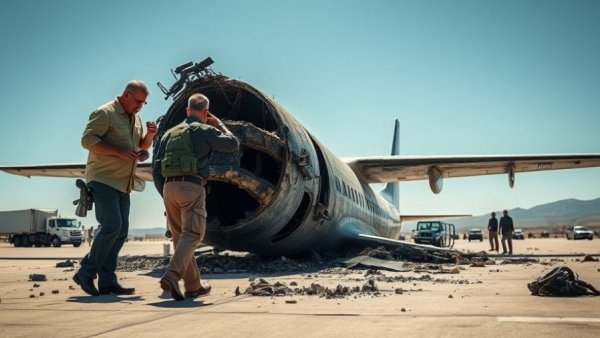 Investigators analyze wreckage in Greg Biffle plane crash investigation scene.