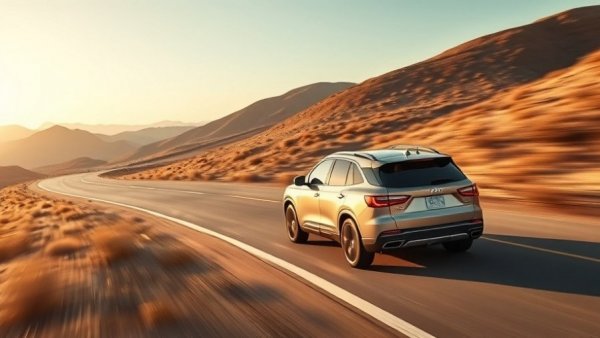Sleek SUV on winding road at sunset highlighting transportation challenges.