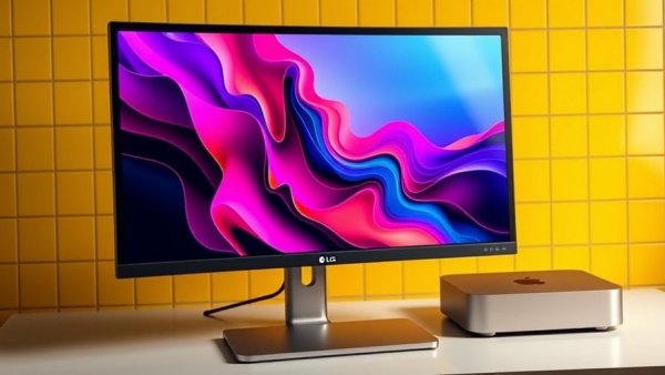 High-definition monitor with Mac Mini on a checkered yellow background.