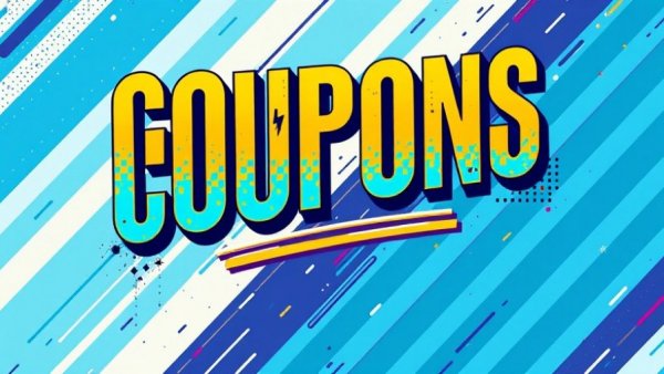 Graphic text 'COUPONS' with retro style on vibrant abstract background.