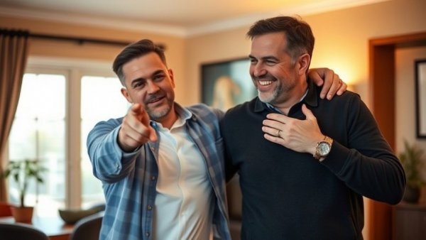 Two men in a candid emotional moment in a warm indoor setting.