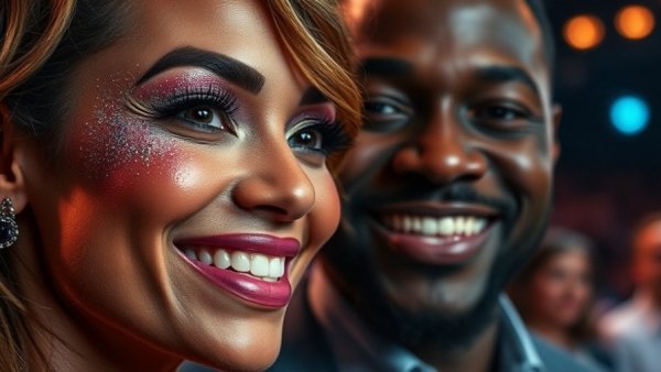 Woman with glitter makeup and man, charity event, Taylor Swift donates to American Heart Association.