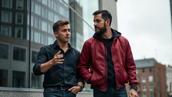 Casual interaction between two men, one in red jacket, daytime.
