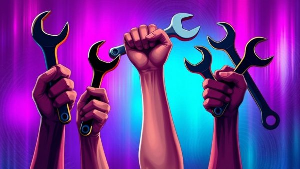 Illustration of hands holding wrenches for Right to Repair movement.
