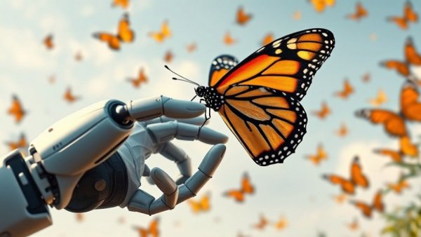 Robotic hand touching butterfly, symbolizing cybersecurity transformation.