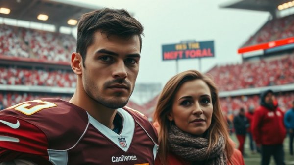 Football player and woman at Chiefs game with cheering crowd.