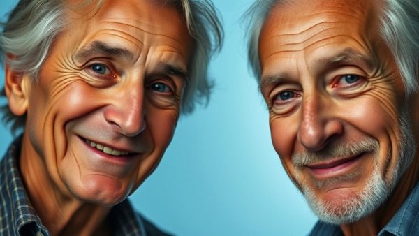 Elderly men smiling gently, photorealistic style.
