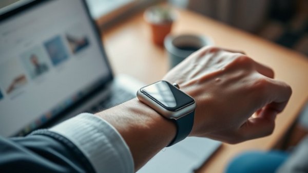 Person using Apple Watch in a cozy workspace with laptop.
