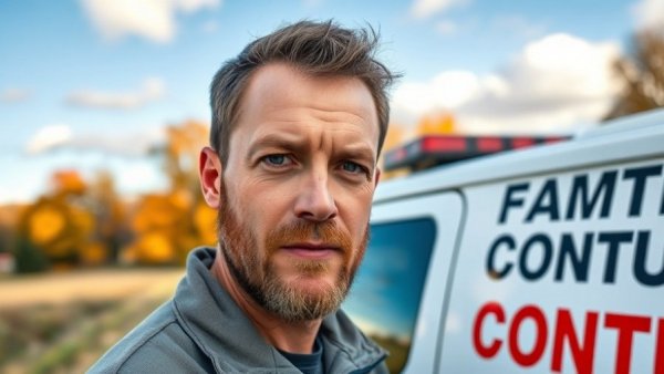 Celebrity news: Man beside animal control truck in rural landscape.