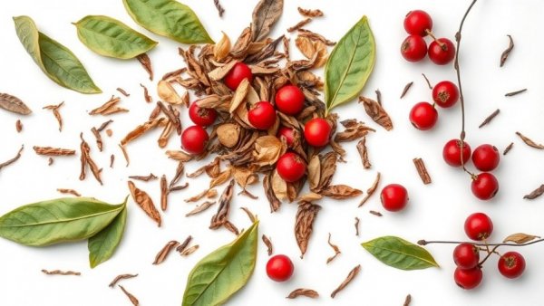 Dried yaupon leaves and berries, showcasing yaupon tea as a coffee alternative.