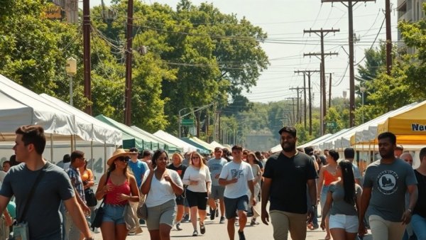 Macon pedestrian safety initiatives event with people and tents on a sunny street.