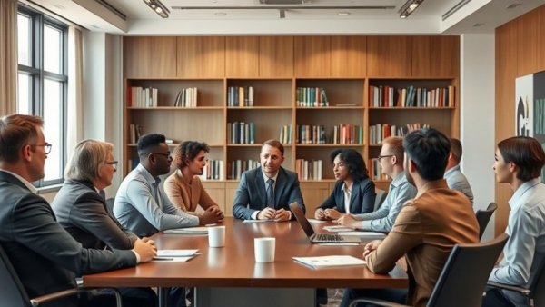 Professionals in a meeting room discussing Macon news.