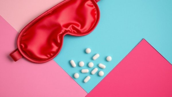 Abstract image of a red sleep mask and melatonin on a colorful background.