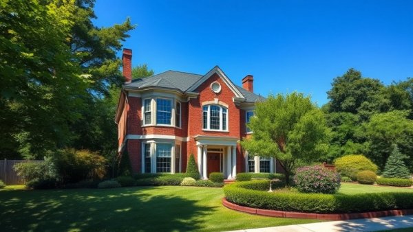 Elegant suburban brick house with manicured garden under clear blue sky