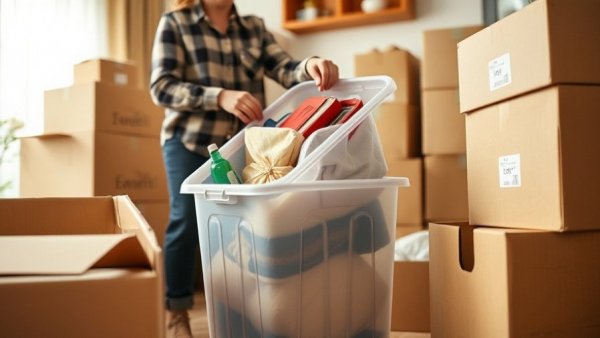 Packing items for moving house, organizing belongings in a box.