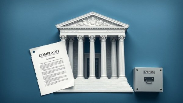 Illustration of courthouse, legal documents, and records box related to Compass NWMLS antitrust lawsuit.